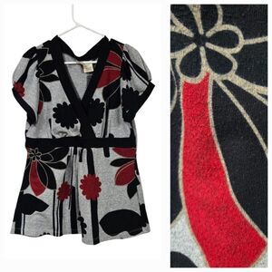 2X PLUS Retro Puff Sleeve Bold Floral Gray Lightweight Knit Blouse Sweater Top